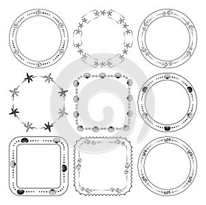 Round and quadrate frames with fish and seashells and starfish - vector set