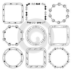 Round and quadrate frames with fish and seashells - vector marine set