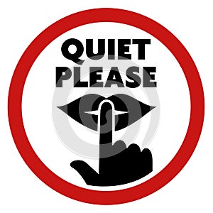 round QUIET PLEASE sign with finger on lips symbol