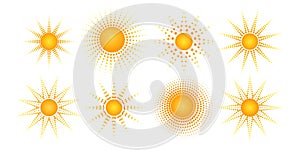 Round radial halftone dot of the sun shape Sunny pattern of orange dots spots rays on a white background Set Logo design element