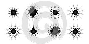 Round radial halftone dots Graphic circle pattern of black dots spots rays on a white background Set Logo design element halftone