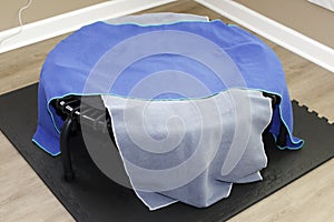 Round Rebounder Covered with Exercise Towel Mats Indoors