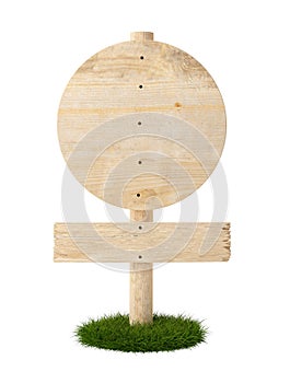 Round and rectangular empty, blank wooden signs on wood post on green grass patch with room for text, wooden board sign template