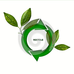 Round recycle icon, with green leaves, Isolated on a white background. Garbage sorting concept. Recycling. Ecology.