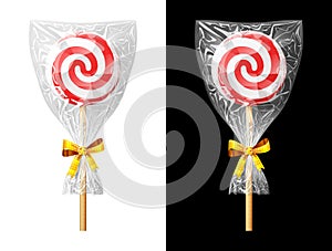 Round red candy on stick in plastic wrapper with bow