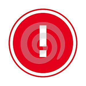 Round red exclamation point icon, button, attention symbol on white background