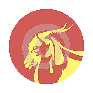 Round red icon with the image of a goat, flat style on a white background