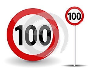 Round Red Road Sign Speed limit 100 kilometers per hour. Vector Illustration.