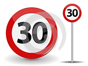 Round Red Road Sign Speed limit 30 kilometers per hour. Vector Illustration.