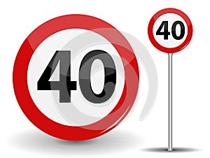 Round Red Road Sign Speed limit 40 kilometers per hour. Vector Illustration.