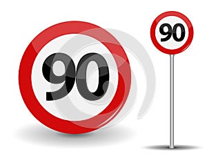 Round Red Road Sign Speed limit 90 kilometers per hour. Vector Illustration.