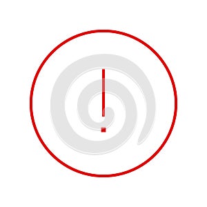 Round red thin line exclamation point icon, button, attention symbol isolated on a white background.