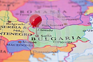 Red Pushpin on Map of Bulgaria photo