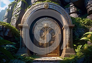 round rock entrance to a mysterious tropical rock temple, magic inscription on the door, fantasy art and painting,