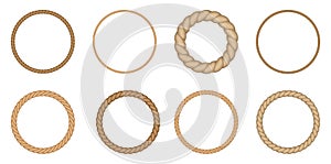 Round rope borders set. Circle vintage frames. Vector design elements.