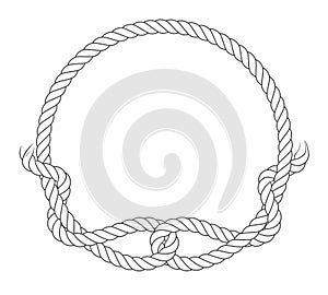 Round rope frame with knot loops, rope circle with ragged endings, fisher\'s knot