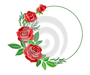 Round Rose Frame with Red Lush Bud and Green Leaves Arranged in Shape with Border Vector Illustration