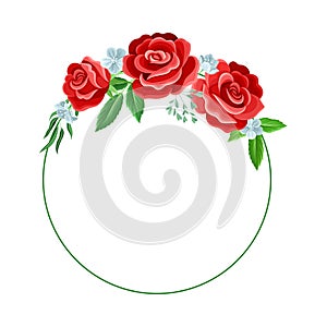 Round Rose Frame with Red Lush Bud and Green Leaves Arranged in Shape with Border Vector Illustration