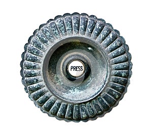 Round rough pitted metal shell pattern Victorian doorbell with ceramic button