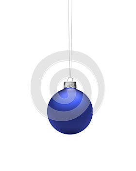 Round royal blue matt Christmas ball hanging on string isolated on white background