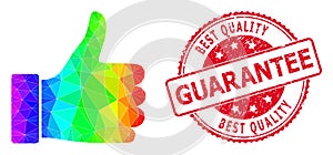 Round Rubber Best Quality Guarantee Stamp Seal with Vector Polygonal Thumb Up Icon with Spectrum Gradient