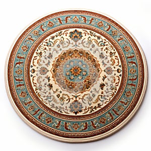 Ornate Byzantine Art Round Rug In Light Beige And Turquoise