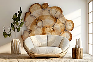 Round rustic loveseat sofa and stump side table near wall with beautiful and unique wooden cut decor. Interior design of modern photo