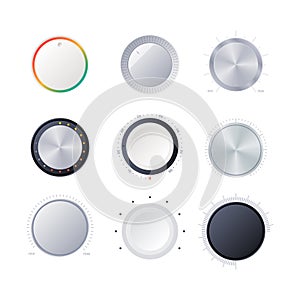 Round scale indicators. Amplifier power volume tuner sound digital radial controller garish vector infographic objects