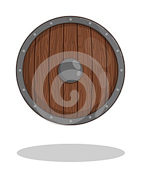 Round Scandinavian shield made of wood, reinforced with iron inserts on rivets. Element of protection of ancient viking. Cartoon