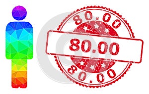 Round Scratched 80.00 Badge with Vector Lowpoly Person Icon with Spectral Colored Gradient