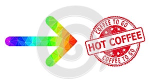 Round Scratched Coffee to Go Hot Coffee Seal With Vector Polygonal Right Arrow Icon with Rainbow Gradient