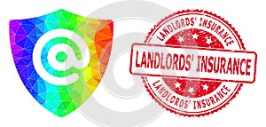 Round Scratched Landlords' Insurance Stamp with Vector Lowpoly Email Address Shield Icon with Spectral Colored