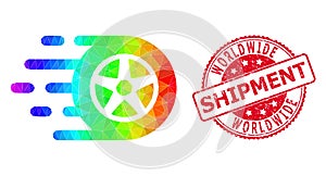 Round Scratched Worldwide Shipment Stamp With Vector Lowpoly Car Wheel Icon with Spectral Colored Gradient