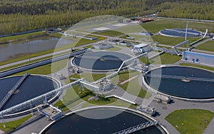 Round sedimentation tanks. Aerial view of the wastewater treatment plant