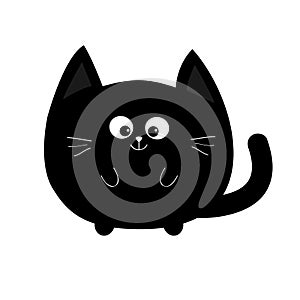 Round shape black cat icon. Cute funny cartoon smiling character. Kawaii animal. Big tail, whisker, eyes. Happy emotion. Kitty kit