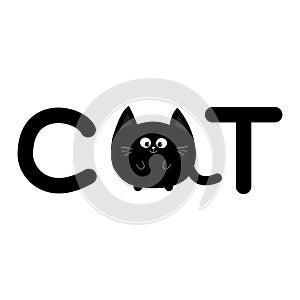 Round shape black cat text icon. Lettering. Cute cartoon character. Kawaii animal. Big tail, whisker, eyes. Happy emotion. Kitty k