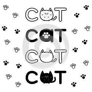 Round shape black cat text icon. Lettering Paw print set Cute cartoon character. Kawaii animal. Big tail, whisker, eyes.