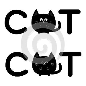 Round shape black cat text icon set. Lettering. Cute cartoon character. Kawaii animal. Big tail, whisker, eyes. Happy emotion. Kit