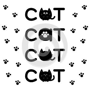 Round shape black cat text icon set. Lettering Paw print Cute cartoon character. Kawaii animal. Big tail, whisker, eyes. Happy emo