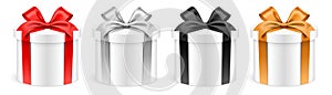 Round shape white gift boxes with colorful ribbons isolated on background vector illustration