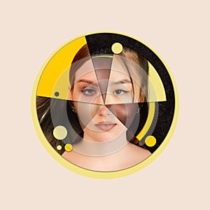 Round shape of women's faces of different race, color, age, nationality. Contemporary artwork. Modern design.