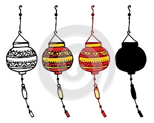 Round-shaped Chinese lanterns in flat style. a set of isolated elements of a Japanese street lamp, consisting of balls of red and