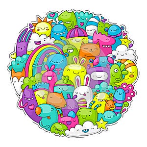 Round shaped doodle of happy animals, monsters and various creatures.