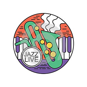 Round emblem for jazz live concert. Music festival. Logo with saxophone and piano keys. Abstract line art with colorful