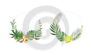 Round Shaped Frame with Green Tropical Leaves and Jungle Foliage Vector Set