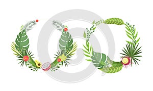 Round Shaped Frame with Green Tropical Leaves and Jungle Foliage Vector Set