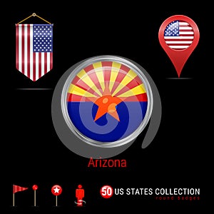 Round Chrome Vector Badge with Arizona US State Flag. Pennant Flag of USA. Map Pointer - USA. Map Navigation Icons