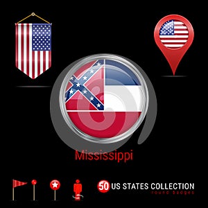 Round Chrome Vector Badge with Mississippi US State Flag. Pennant Flag of USA. Map Pointer - USA. Map Navigation Icons