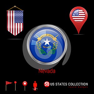 Round Chrome Vector Badge with Nevada US State Flag. Pennant Flag of USA. Map Pointer - USA. Map Navigation Icons