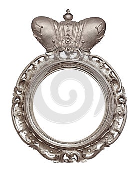 Round silver frame with a crown for paintings, mirrors or photo isolated on white background. Design element with clipping path